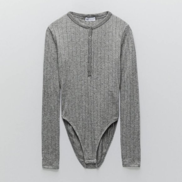 ZARA GRAY STRETCH BUTTONED RIBBED POLO BODYSUIT - Picture 1 of 4